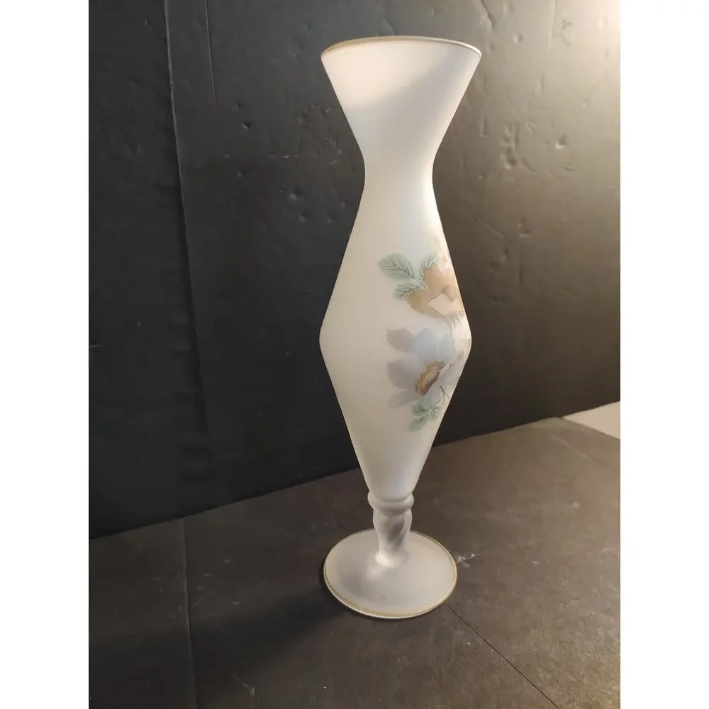 Vintage Frosted Satin Glass Hand Painted Floral Bud Vase Gold Trim